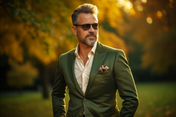 Fashion-forward man in a forest green blazer enjoying a peaceful autumn afternoon in a picturesque park