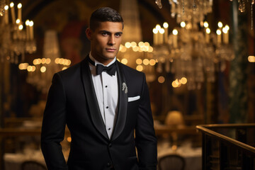 Suave gentleman in a navy tuxedo with black lapels, commanding attention in a luxurious ballroom setting