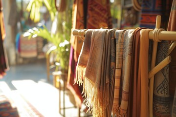 earthtoned scarves on a bamboo stand in a sunlit boutique