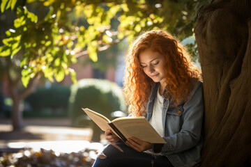 Fototapeta premium A freckled university student with vibrant red hair and a nose ring, lost in a book under the campus tree on a sunny fall day