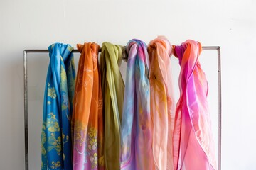 a row of colorful spring scarves on a metal stand against a white wall
