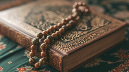 A close-up of an intricately designed antique book with wooden Muslim rosary beads. Wood tasbih (rosary beads) with the Holy Quran.