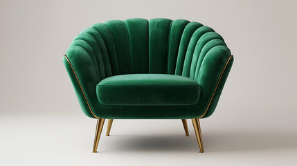 3d rendering of an Isolated green velvet modern chair, copy space, generative ai