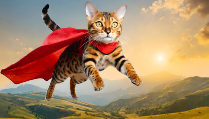 Obraz premium Cool Cat, Superhero cat is flying trough the air with a blue and red cape, funtatic, fantasy, power, powercat 