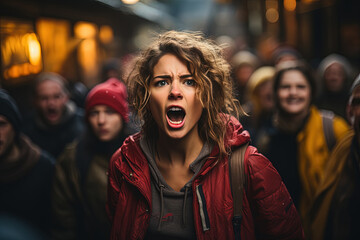 Angry woman stands amidst a bustling crowd, her mouth agape  in a scream and expression of unbridled emotion, capturing attention and reverberating through the surrounding masses