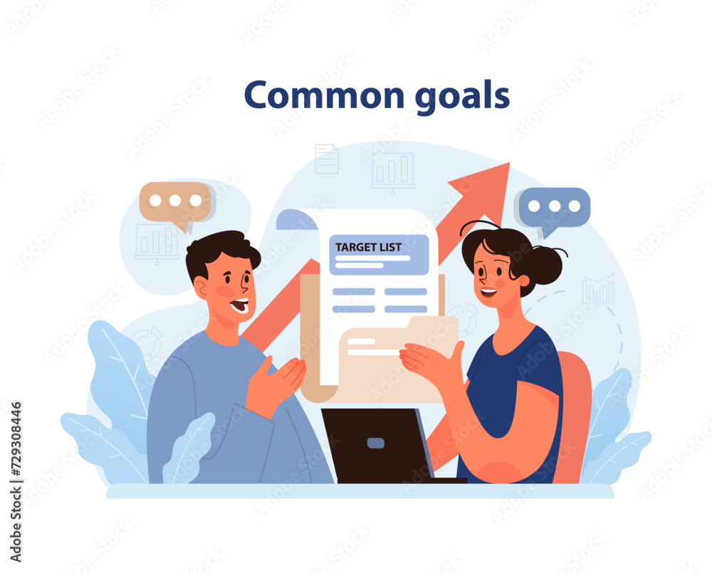 Aufkleber common goals concept. duo discussing target list, united in vision. team collaboration for shared ob