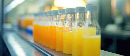 Testing of Mandarin and orange juice in a control lab for detecting counterfeit production. Lab photo for control purposes.