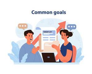 Common goals concept. Duo discussing target list, united in vision. Team collaboration for shared objectives. Aligning business aspirations. Flat vector illustration.