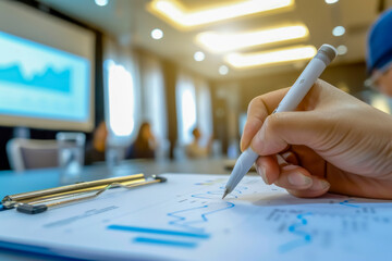A hand writing key points with a marker on a flip chart in a meeting room. A hand drawing a diagram on a whiteboard, close up of hand drawing scheme on white board plaining 