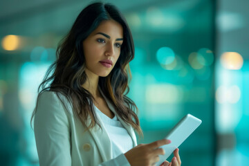 A Latina businesswoman using a tablet to navigate through her presentation slides, with a clear and determined look.showcasing leadership and expertise. Female Executive, leading, diversity