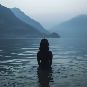 back view of unrecognizable female silhouette standing in rippling sea water and looking over mountains 