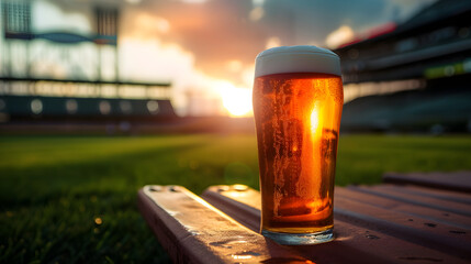 Cinematic wide angle photograph of a beer pint glass at a baseball field. Product photography. - obrazy, fototapety, plakaty