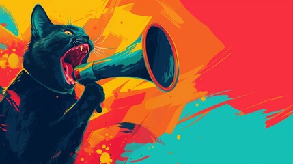 A screaming cat with a megaphone on a colorful creative background, an advertising banner for retro-style marketing - obrazy, fototapety, plakaty
