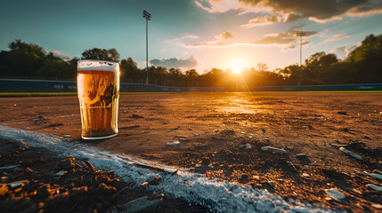 Cinematic wide angle photograph of a beer pint glass at a baseball field. Product photography. - obrazy, fototapety, plakaty