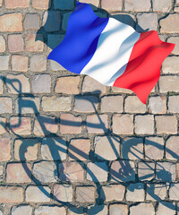 Professional racing bike shadow over Parisian cobblestones with a flowing French flag concept 3d render