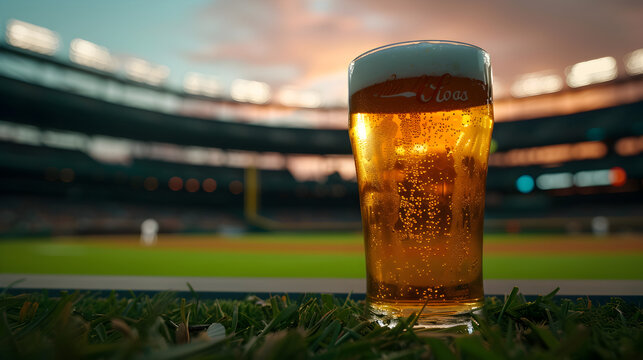 Cinematic wide angle photograph of a beer pint glass at a baseball field. Product photography.
