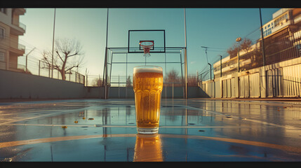 Cinematic wide angle photograph of a beer pint glass ar a basketball court. Product photography. - obrazy, fototapety, plakaty
