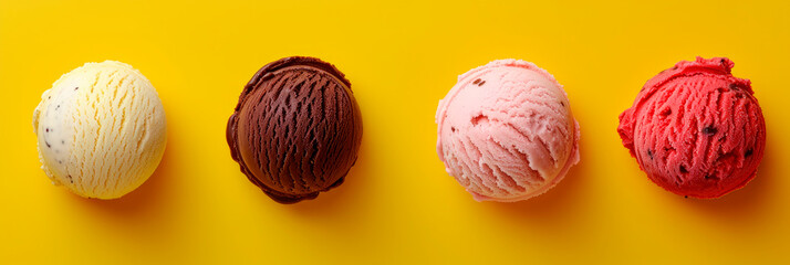 Set of various ice cream scoops isolated on yellow background. Top view. Vanilla, strawberry and chocolate