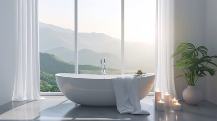 White bathtub with candles near the Panoramic window, Rose petals, Romantic setting, minimalism, bright bathroom, bathroom design