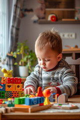 Cute boy with down syndrome plays with toys while sitting at the table