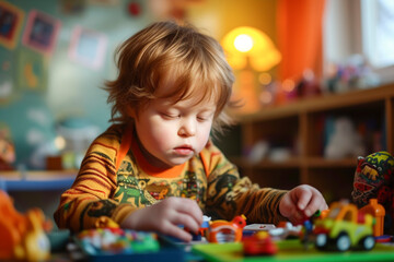 A small child with Down syndrome plays with toys while sitting at the table
