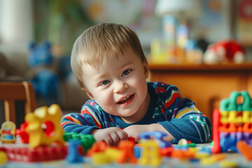 Fototapeta na wymiar Cute boy with down syndrome plays with toys while sitting at the table