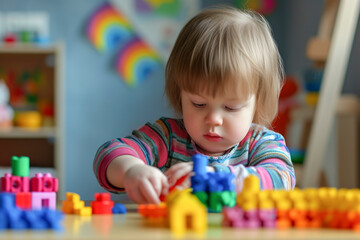 Little girl with Down syndrome plays with toys while sitting at the table