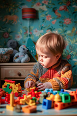 Obraz premium A small child with Down syndrome plays with toys while sitting at the table