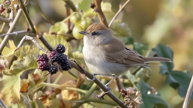 Eurasian blackcap female with blackberry, Sylvia atricapilla, birds of Montenegro.