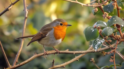 Obraz premium European Robin on branch, Erithacus rubecula, birds of Montenegro.