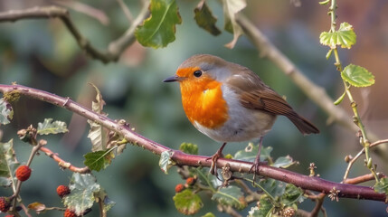 European Robin on branch, Erithacus rubecula, birds of Montenegro.