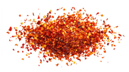Spicy chili red pepper flakes, chopped, milled dry paprika pile isolated on white background.