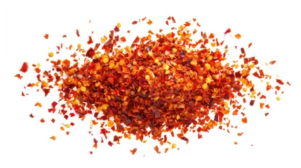 Keuken spatwand met foto Spicy chili red pepper flakes, chopped, milled dry paprika pile isolated on white background. © Santy Hong