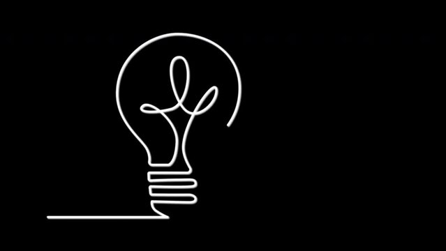 Light bulb, idea concept. Continuous line self drawing animation. Yellow light. Black background