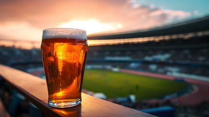 Cinematic wide angle photograph of a beer pint glass at an olympic pool venue. Product photography. - obrazy, fototapety, plakaty