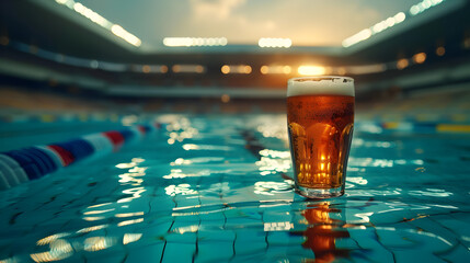 Cinematic wide angle photograph of a beer pint glass at an olympic pool venue. Product photography. - obrazy, fototapety, plakaty