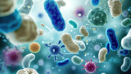 A diverse array of bacteria and viruses shown in a vivid microscopic view, highlighting the complexity of microorganisms in a scientific context.