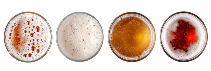 Set glass of beer with bubble isolated on white background, top view. - obrazy, fototapety, plakaty