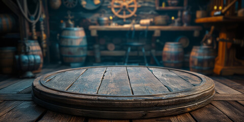 Pirate ship interior with wooden podium. - obrazy, fototapety, plakaty