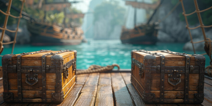 Wooden pirate chests are loaded onto pirate ships.