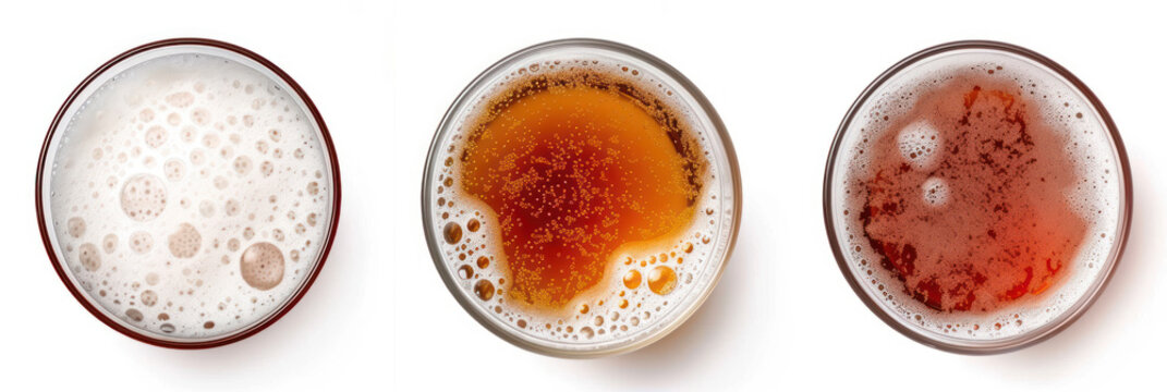 Set glass of beer with bubble isolated on white background, top view.
