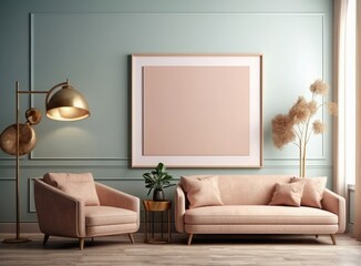 Modern Living Room Mockup Sofa and Blank Picture Frame in Beige 3D Rendering
