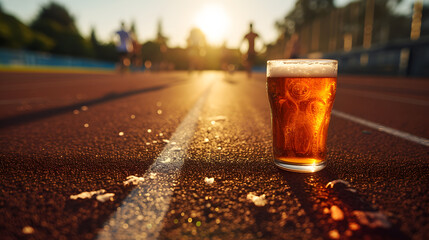 Cinematic wide angle photograph of a beer pint glass at a running track. Product photography. - obrazy, fototapety, plakaty