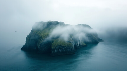 Beautiful landscape with island in fog.  - obrazy, fototapety, plakaty