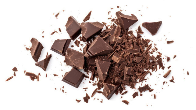 Pile scraped, milled dark chocolate shavings, 70 percent cocoa, isolated on white background, top view.
