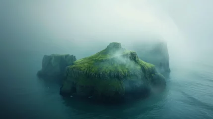 Fototapete Kirkjufell Beautiful landscape with island in fog. 