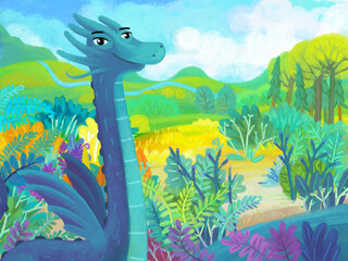 cartoon scene with forest jungle meadow wildlife with dragon dino dinosaur animal zoo scenery illustration for children © honeyflavour