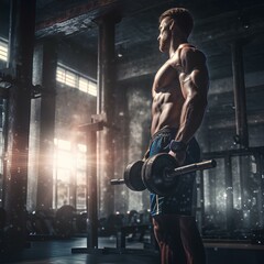 Portrait of muscled man in a gym doing sport, banner design for sport club. AI generation