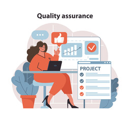 Quality Control in Project Management. Manager reviewing performance metrics for excellence. Ensuring project meets all checkpoints. Flat vector illustration.