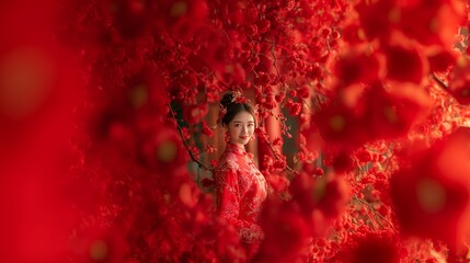 Young Chinese woman dressed in a traditional red dress, on a red background with red sakura and traditional lanterns
